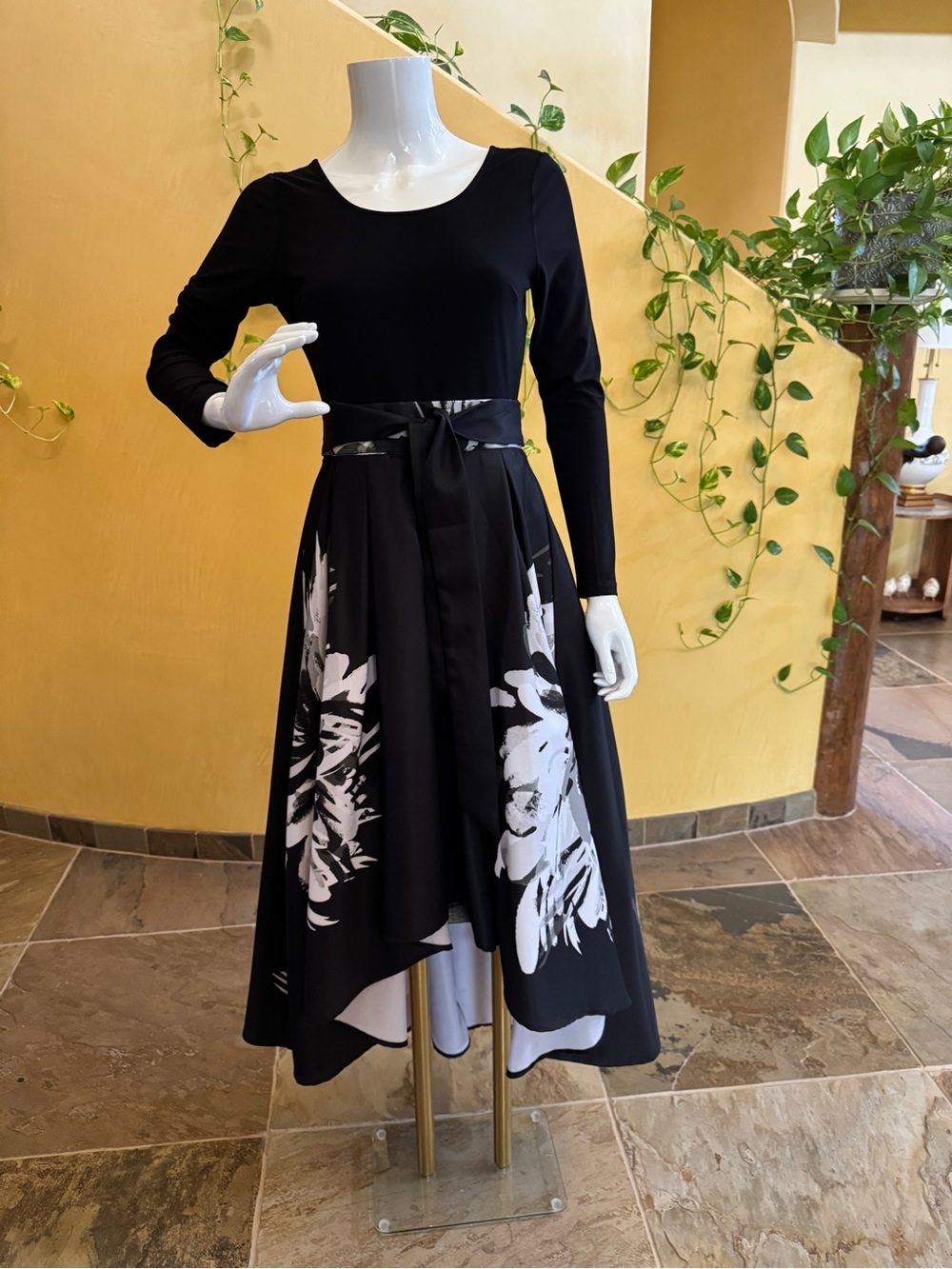 VENUS Black and White Floral High-Low Skirt with Waist Tie